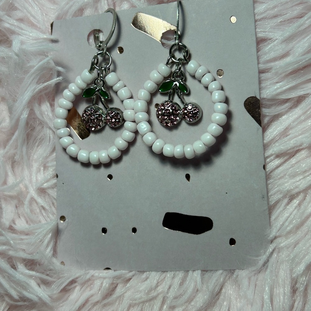 Light pink Beaded Hoop Earrings with Cherry Charm
